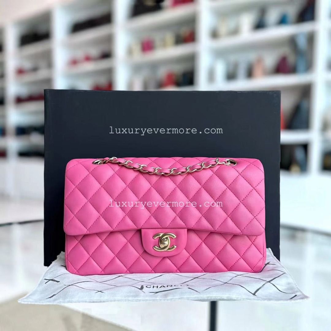 Chanel Classic Flap Medium 25CM Lambskin Quilted Pink Golden Hardware Series 18 Luxury Bags Wallets on Carousell