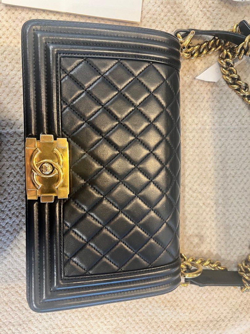 Chanel Le Boy (Category: Luxury Bags & Wallets) located in San Fernando. Submitted by bagella_co (Listing ID 1327423537, Image 2). Description: Channel Leboy Lambskin, Old Medium Gold Hardware Rank 8/10 Complete: Box, dustbag, care card, Entrupy Certificate.