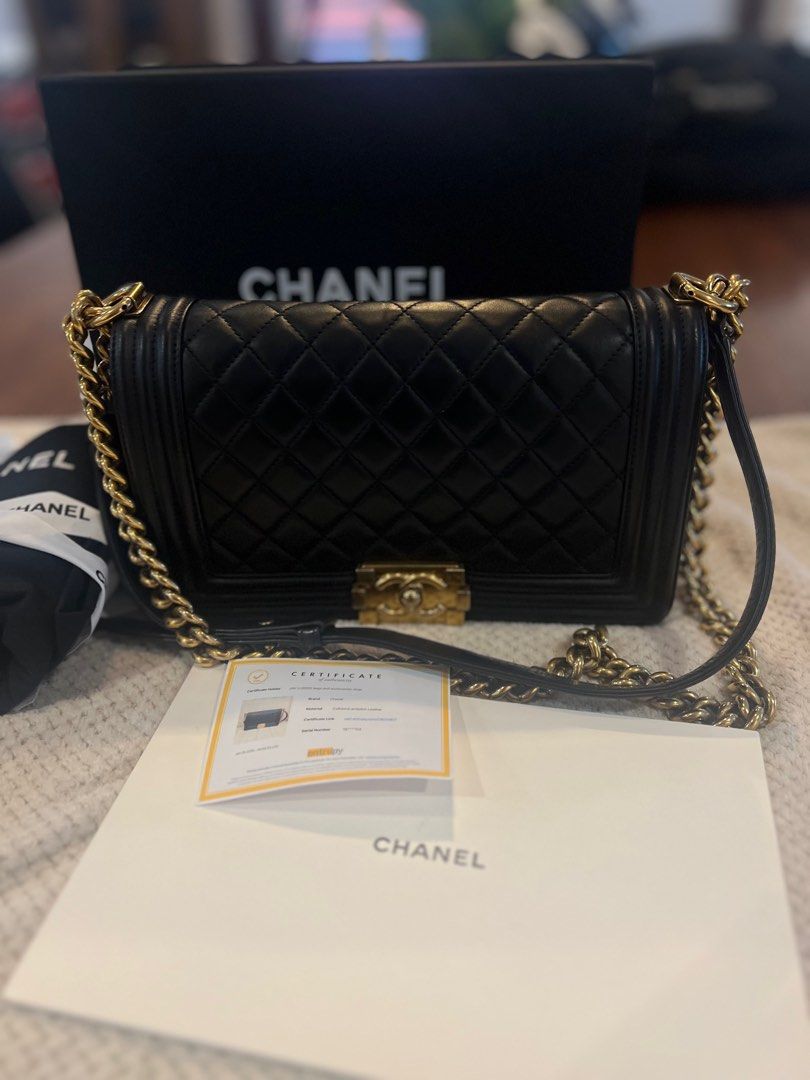Chanel Le Boy (Category: Luxury Bags & Wallets) located in San Fernando. Submitted by bagella_co (Listing ID 1327423537, Image 1). Description: Channel Leboy Lambskin, Old Medium Gold Hardware Rank 8/10 Complete: Box, dustbag, care card, Entrupy Certificate.