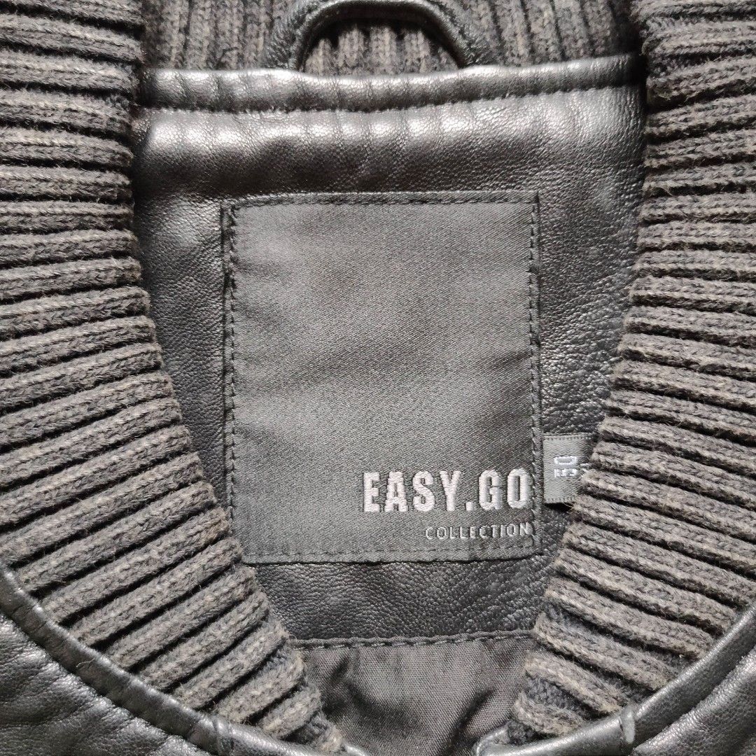 EASY GO COLLECTION | Varsity Bomber Leather Jacket (Category: Coats, Jackets and Outerwear) located in Cebu City. Submitted by denimholic (Listing ID 1327428581, Image 2). Description: 🏍️Authentic Preloved Easy Go Leather Jacket ▫️STYLE : VARSITY / CLASSIC BOMBER ▫️SIZE : LARGE (W 21in / L 26in) ▫️COLOR / MATERIAL : Black (Genuine Leather), Soft material w/ inlay ▫️9.0 / 10 excellent condition.