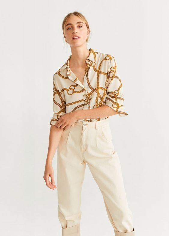 Mango - Chain Print Shirt (Category: Blouses) located in Quezon City. Submitted by offthesehands (Listing ID 1327528593, Image 1). Description: Brand: Mango (womens) Color: Cream and Gold Type: Relaxed fit Size: Medium | Size 6 Width > armpit to armpit: 54-56 cm > waist: 54 cm Length > shoulder down: 55 cm Price: P650 only!! Sells for P1.5k got it for P1.2k on the Z App Usage: used once lang for a special occasion never used it since RFS: declutt