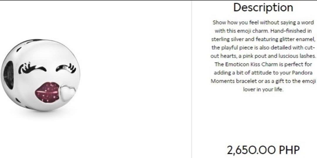 Pandora Emoticon Kiss Charm (Category: Charms) located in Manila. Submitted by nikx2222 (Listing ID 1327545172, Image 3). Description: Pandora Emoticon Kiss Charm ‼️ Original w/ Proof ✅ Charm w/ box included ✅ Actual photo posted ‼️ MOP : BDO or COD only.