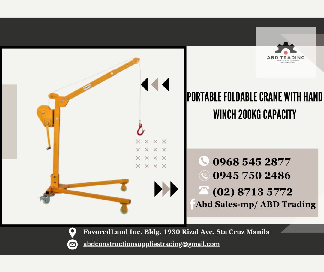 PORTABLE FOLDABLE CRANE WITH HAND WINCH 200KG CAPACITY (Category: Construction Tools & Equipment) located in Manila. Submitted by _abdtrading (Listing ID 1327439129, Image 1). Description: PORTABLE FOLDABLE CRANE WITH HAND WINCH 200KG CAPACITY ABD CONSTRUCTION SUPPLIES TRADING Price is subject to change without prior notice DTI Registered & BIR Accredited 💯 -🛠️Machinery -🛠️Tools -🛠️Electrical -🛠️Industrial & Construction Materials -🛠️Fittin