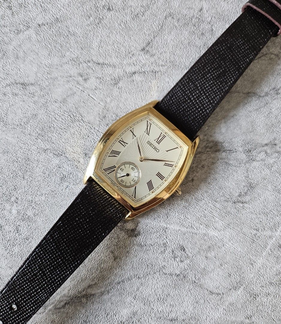 SEIKO TONNEAU GOLD SRK008 JDM ORIGINAL GUILOCHE DIAL ROMAN INDEX SUB SECOND JAM TANGAN PRIA WANITA TANK RARE KLASIK KULIT LEATHER FORMAL WOMEN LADIES