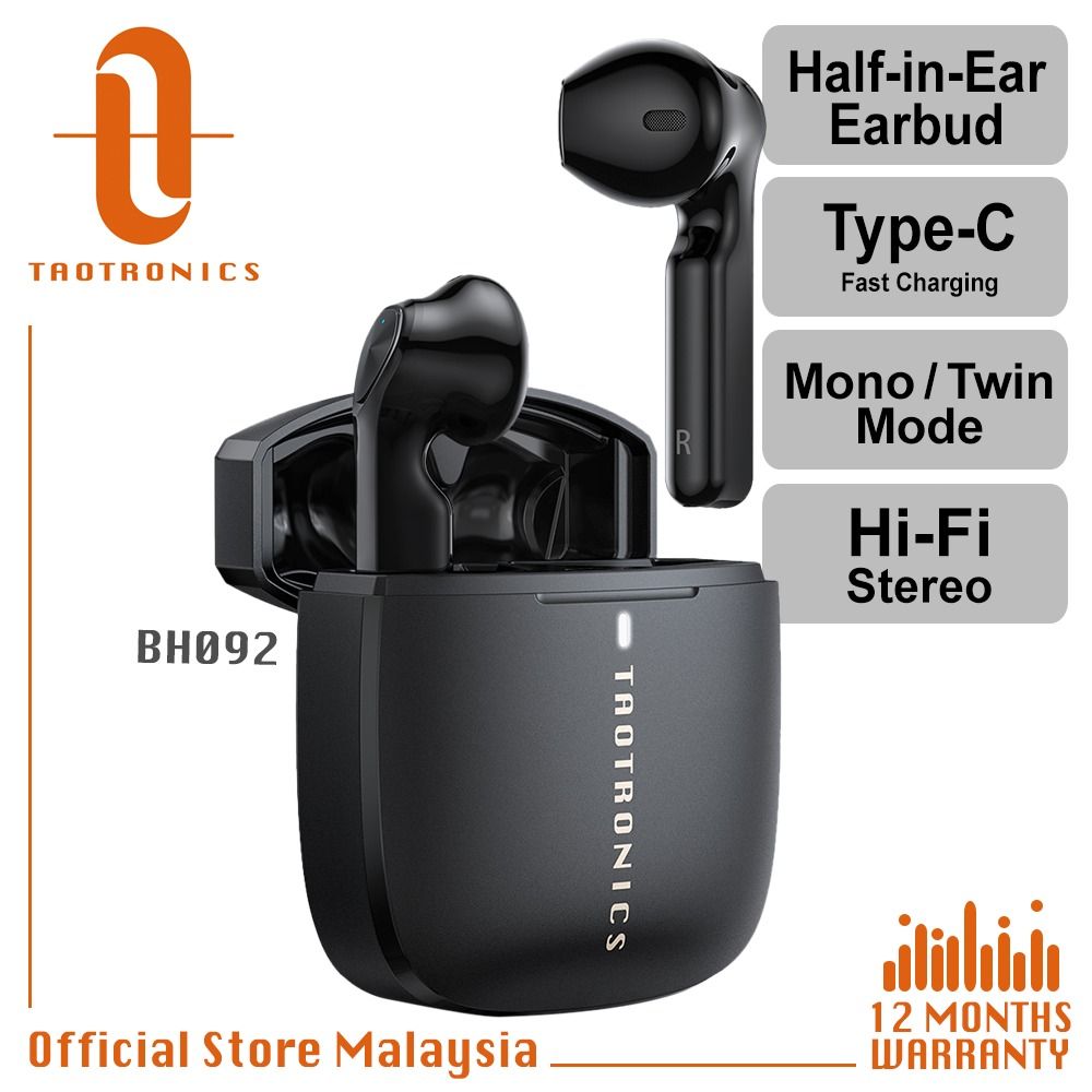 TaoTronics SoundLiberty 92 TWS Half In ear Earbuds TT BH092 Hands Free Smart Touch Control IPX8 Waterproof 30H Playtime Type C Quick Charge Hi Fi Stereo AAC SBC True Wireless Earbuds Earphones bluetoo...