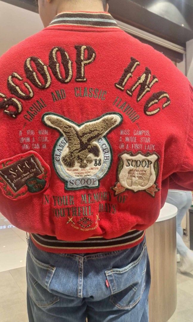 Vintage 80s Scoop Inc Wool Varsity Stadium Jacket Red Old Jacket Men s Fashion Coats Jackets and Outerwear on Carousell