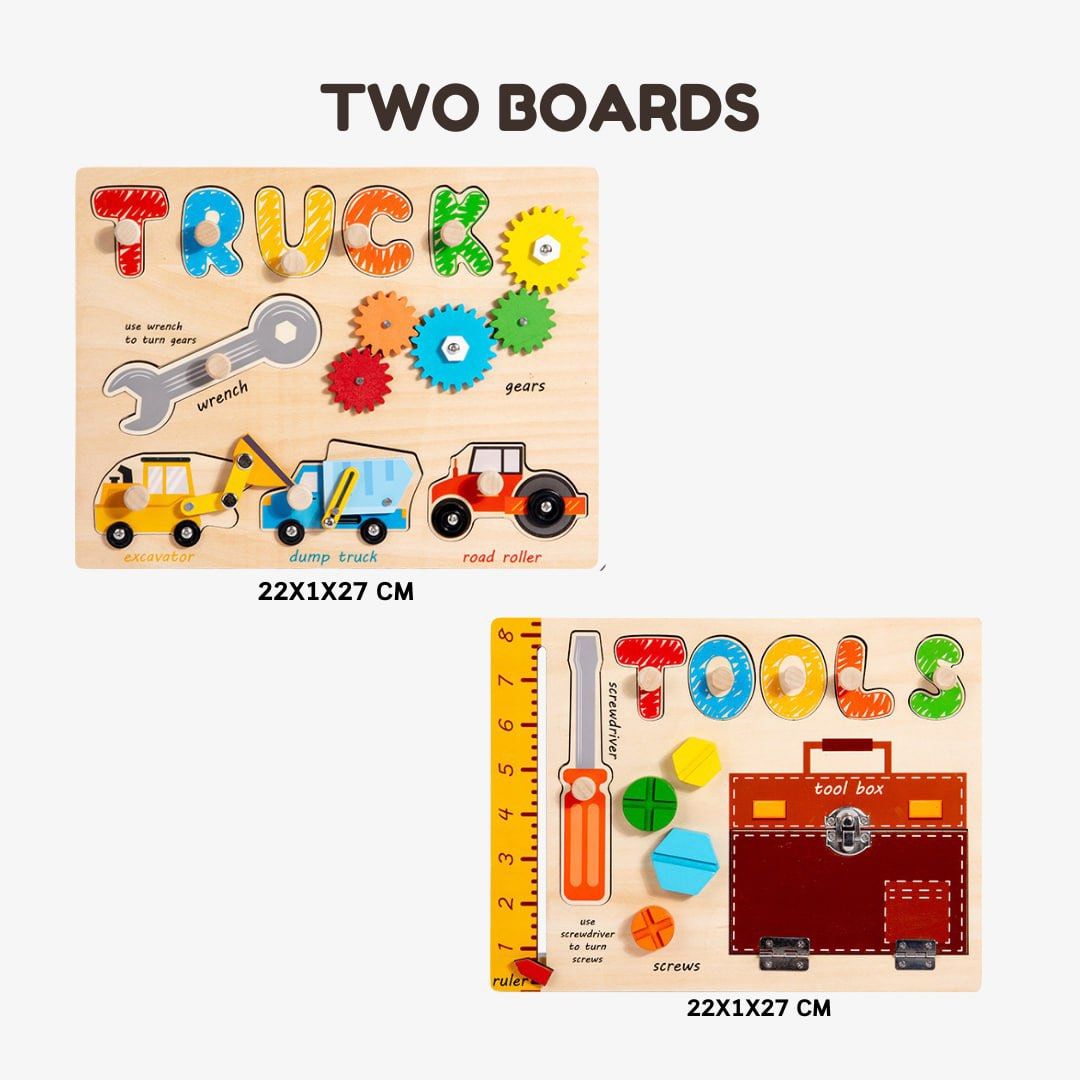 Wooden Handheld Puzzle Busy Board (Category: Educational & Learning Toys) located in Quezon City. Submitted by tanyachoa (Listing ID 1327393483, Image 3). Description: 2 variations: 🎈Tools 🎈Trucks.