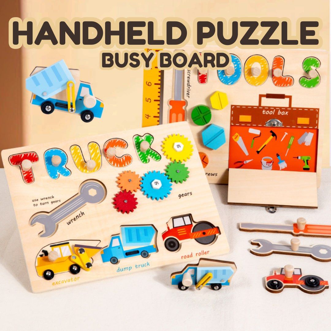 Wooden Handheld Puzzle Busy Board (Category: Educational & Learning Toys) located in Quezon City. Submitted by tanyachoa (Listing ID 1327393483, Image 1). Description: 2 variations: 🎈Tools 🎈Trucks.