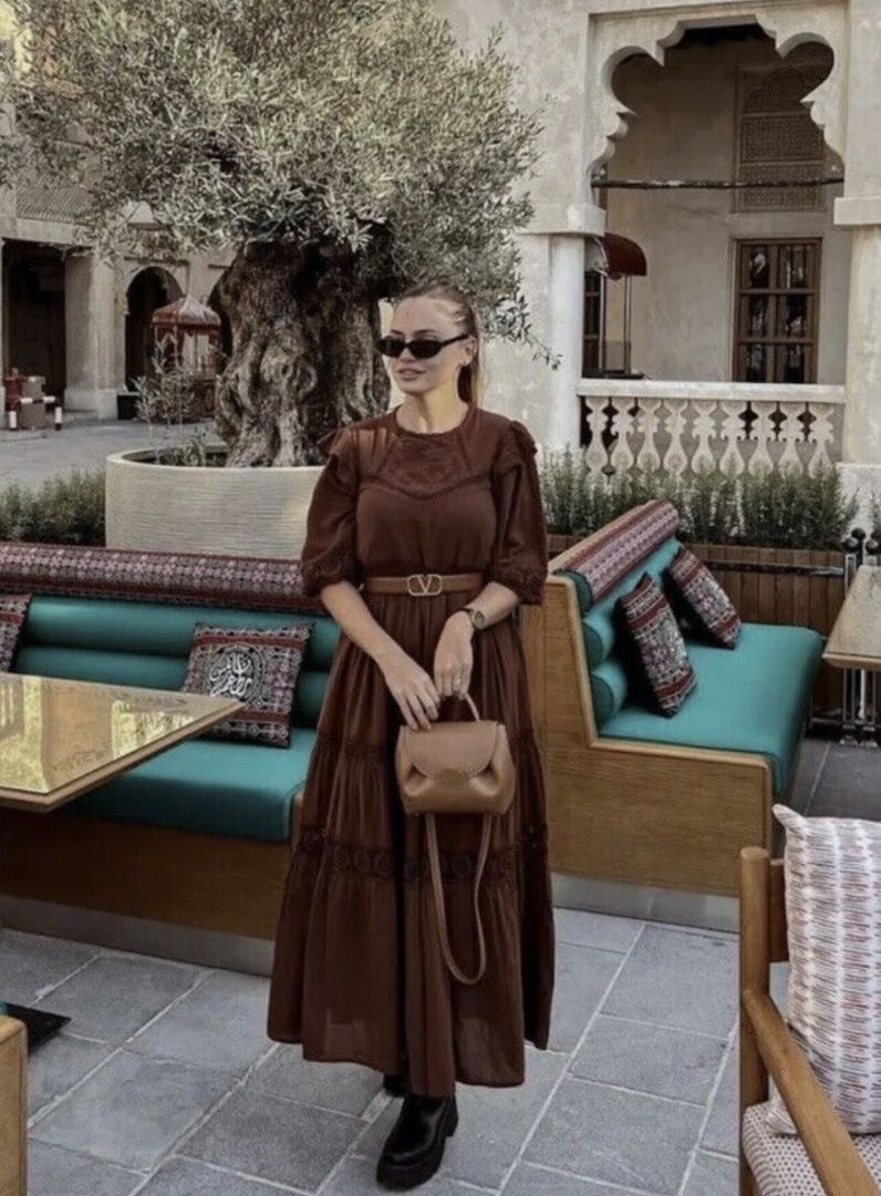 Zara Dark Brown Embroidered Midi Maxi Dress NWOT, Women's Fashion, Dresses  & Sets, Dresses on Carousell
