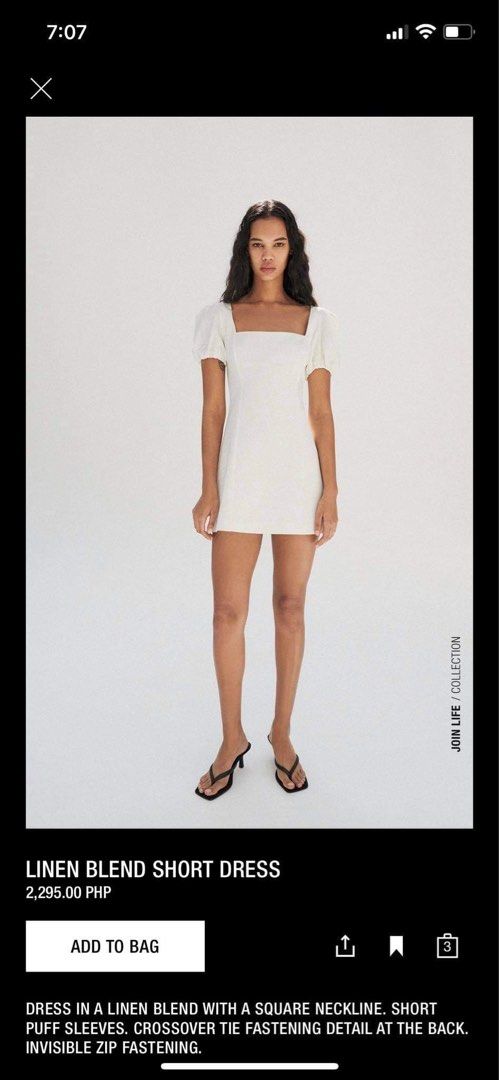 knee length dresses for ladies Zara Khaki Linen Blend V-neck Short Puff Sleeve Tiered Mini Babydoll D   Brie