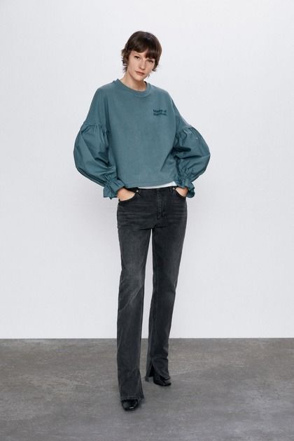 ZARA teal drop shoulder sweatshirt with gathered cuff