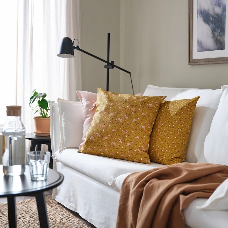 2pcs Ikea Svardtag Cotton Cushion Cover Floral Navy Blue / Mustard