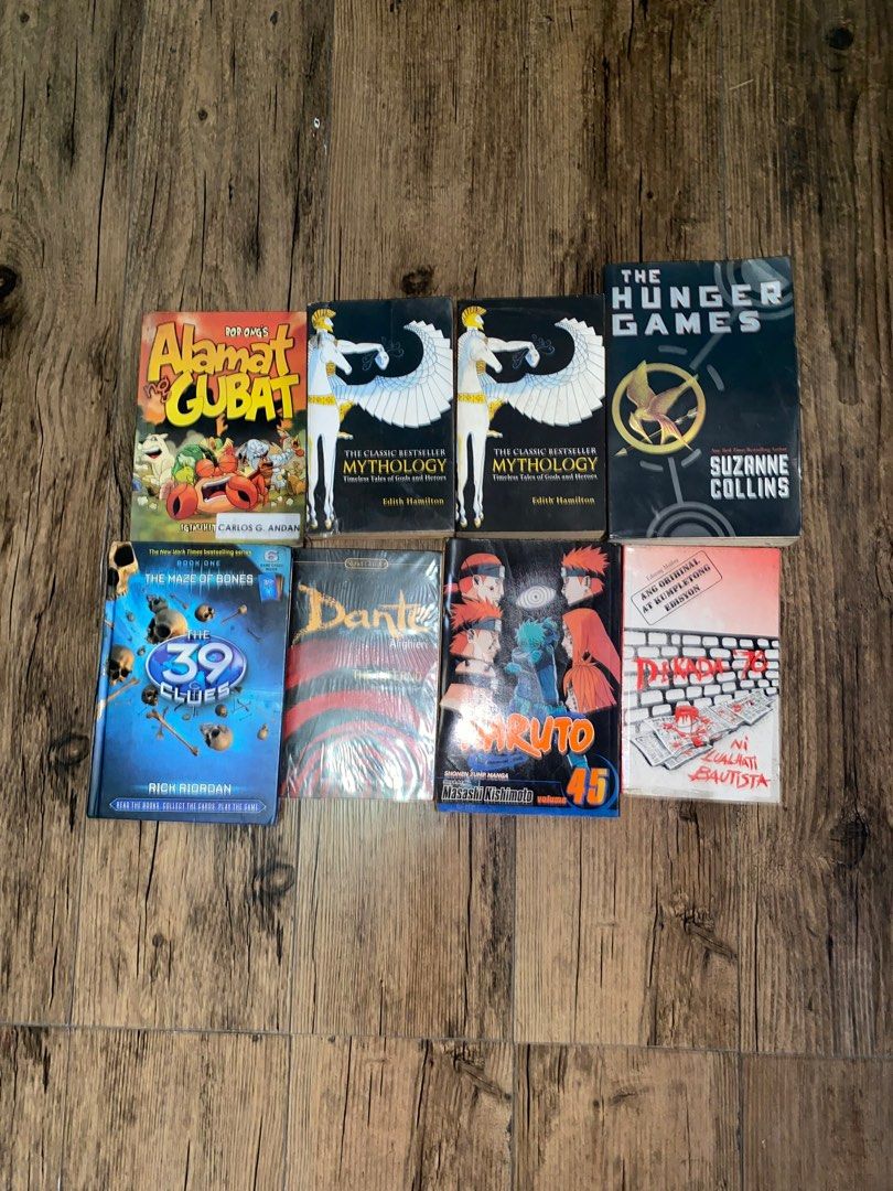 Assorted Books For Sale (Category: Storybooks) located in Quezon City. Submitted by marcusthadd (Listing ID 1327642722, Image 1). Description: Assorted Books for Sale: Alamat ng Gubat by Bob Ong- SOLD The Classic Bestseller Mythology Timeless Tales of Gods and Heroes by Edith Hamilton (2 in stock) - 200 pesos The Hunger Games by Suzanne Collins - 300 pesos 36 Clues Book One: The Maze Of Bones by Rick Riordan (hardbound) - 400 pesos Dante Aligheri