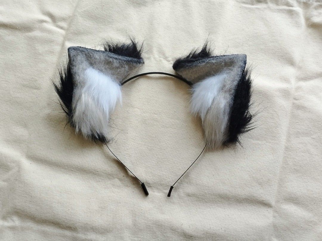 Black & White Animal Wolf Dog Ears Headband & Fox Tail, Hobbies & Toys