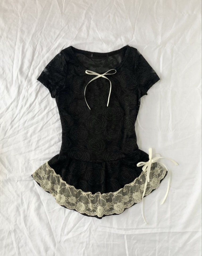 Black Coquette Roses top with lace (Category: Blouses) located in Singapore. Submitted by deacluttering (Listing ID 1327658070, Image 1). Description: ۶ৎThrifted black roses top with lace and ribbon detailing for 7$ (w normal mailling/meetup) This top is the embodiment of 'Office Sire' meets 'Dark coquette'. The peplum cut really emphasises the waist and I would pair it with a long pencil skirt or a pair of slacks. Reasons for selling: I don't re