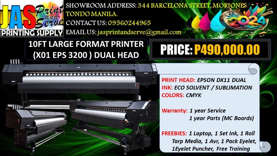 Brand New 10.5ft Large Format Printer Tarpaulin Printer Eco Solvent Printer Sublimation Printer DTF Printer (Category: Printers, Scanners & Copiers) located in Quezon City. Submitted by joemhelbarros272612 (Listing ID 1327621148, Image 1). Description: Brand New Sublimation Printer / Tarpaulin Printer Machine Epson Dx11, Epson i3200 Supplier here! Looking for top-quality printing equipment and supplies? Look no further than JASPrint And Serve Pri