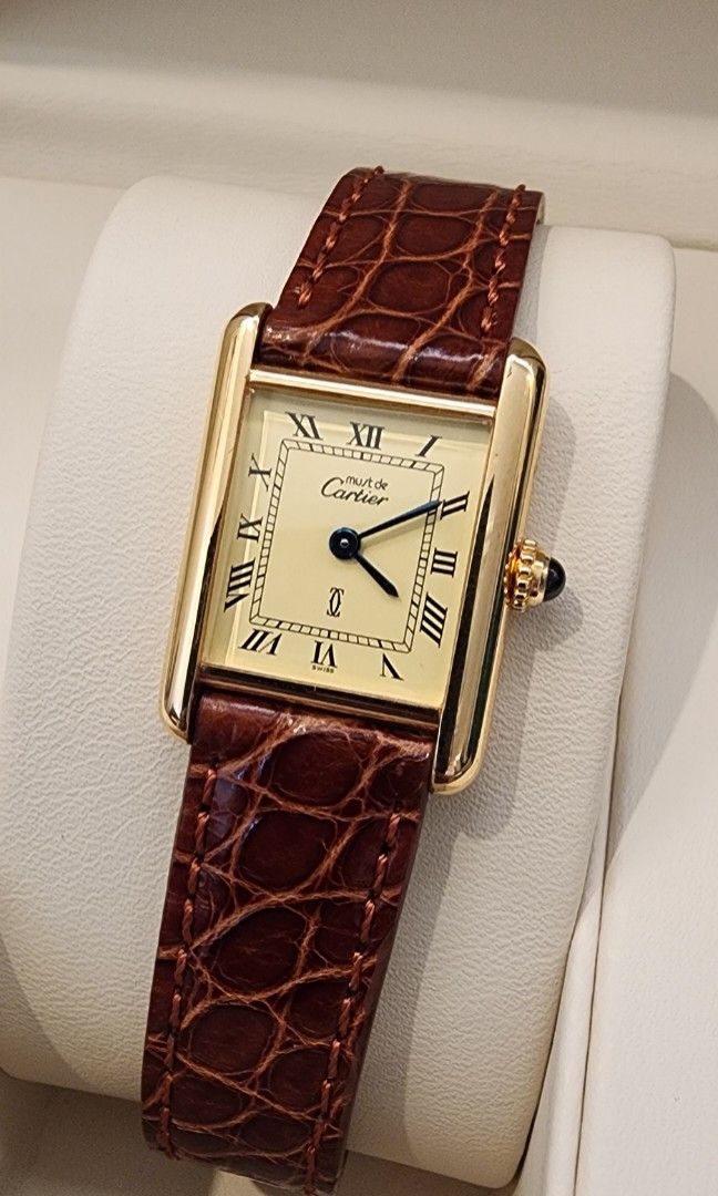 Cartier Tank Must de Cartier Vermeil Gold Watch Quartz Watches Alligator Strap ref 2413 Luxury Watches on Carousell