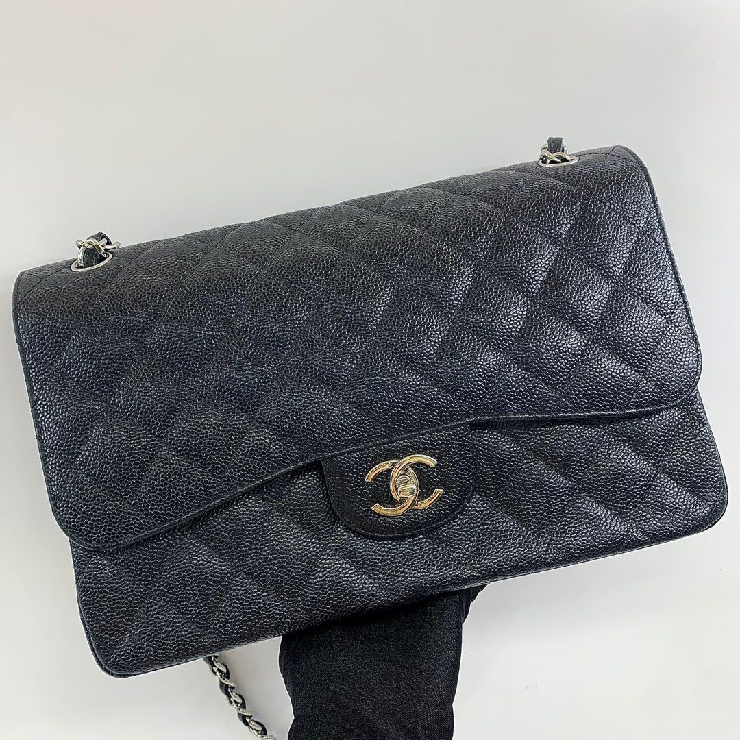 CHANEL BLACK CLASSIC FLAP CAVIAR NO18 W FLAP JUMBO W/O CARD SHW BAG
