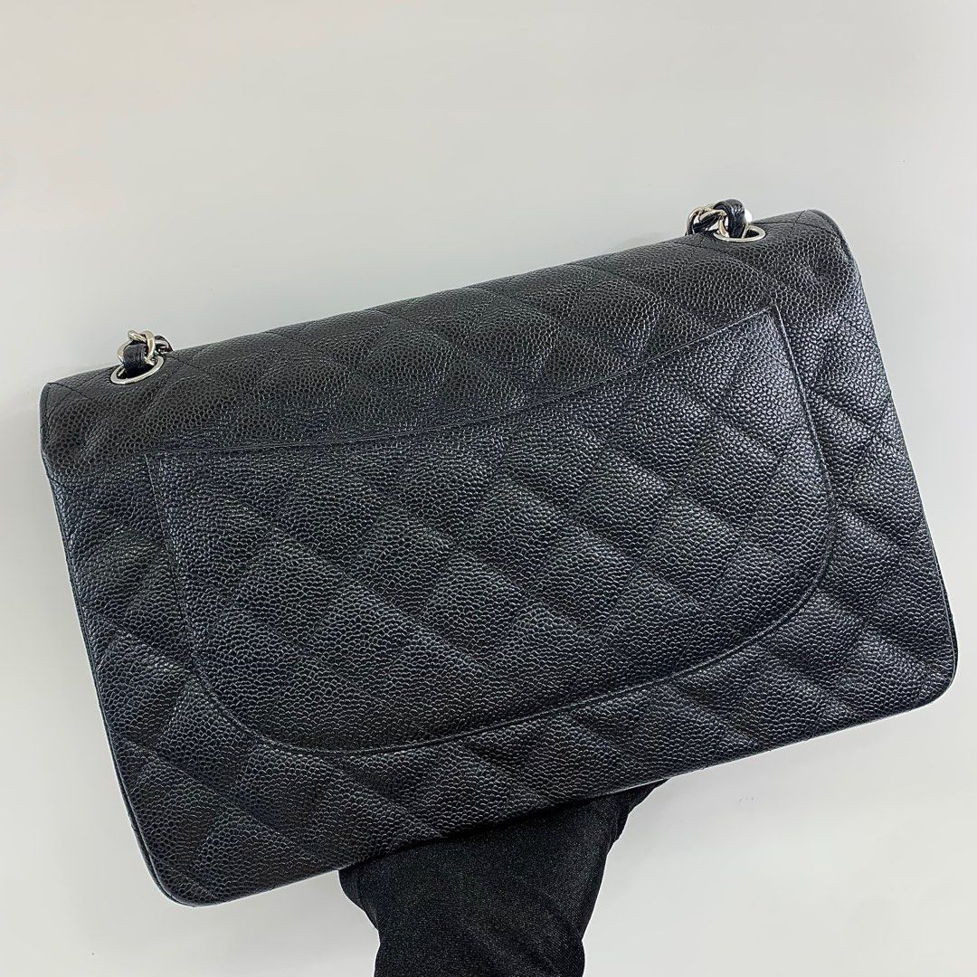 CHANEL BLACK CLASSIC FLAP CAVIAR NO18 W FLAP JUMBO W/O CARD SHW BAG