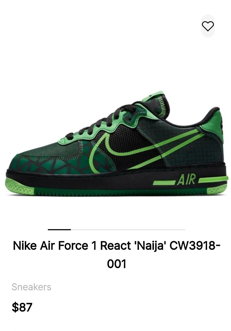 Nike Air Force 1 React 'Naija' (Category: Sneakers & Footwear) located in Los Banos. Submitted by mcgregorio (Listing ID 1327722862, Image 2). Description: looks new, no issue, gagamitin na lang..