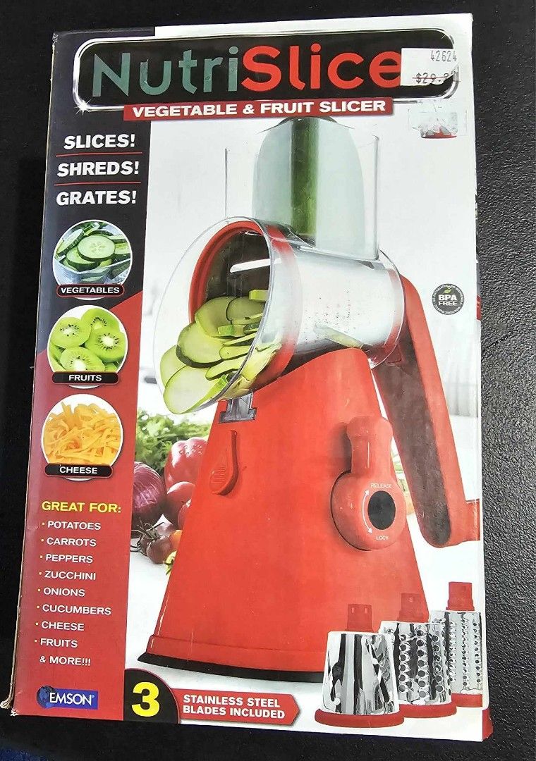 Nutri Slicer Vegetable and Fruit Slicer (Category: Juicers, Blenders & Grinders) located in Manila. Submitted by kwatroboyd (Listing ID 1327654219, Image 3). Description: For Sale The Nutrislicer Rotary Cheese Grater Vegetable Chopper Kitchen Slicer is the all-in-one kitchen tool designed to revolutionize your food prep. This versatile slicer, chopper, and grater features 3 interchangeable 430 stainless steel blades, making it perfect for slicing
