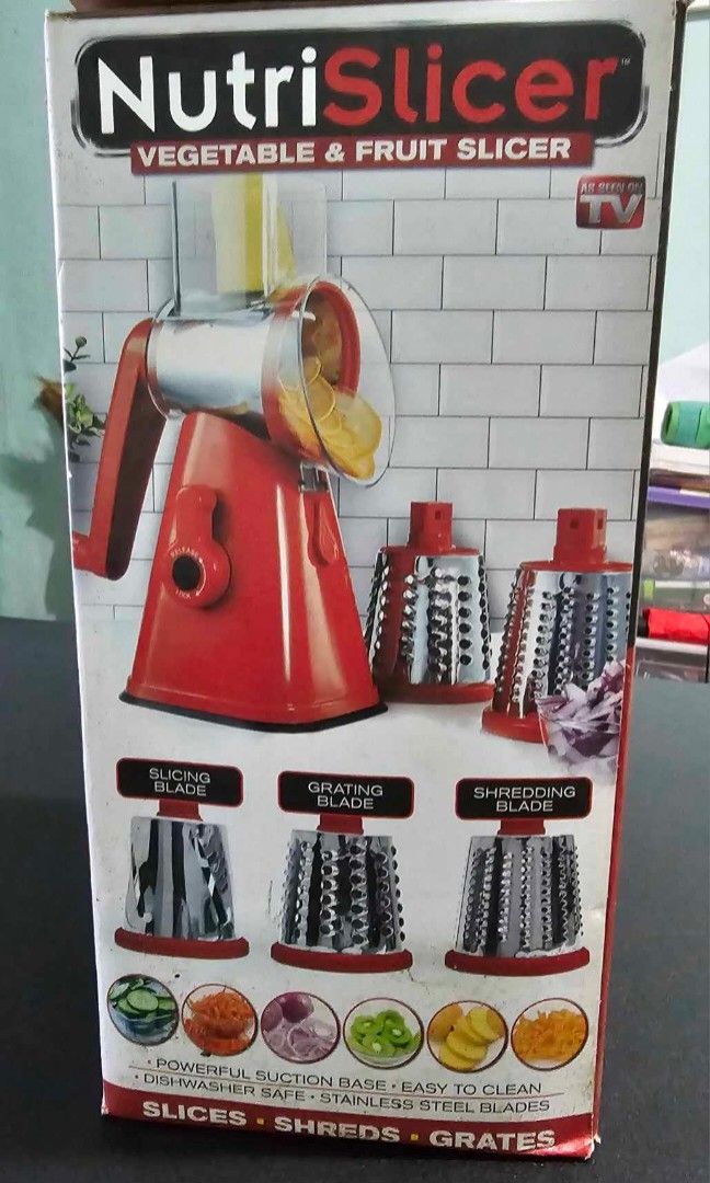 Nutri Slicer Vegetable and Fruit Slicer (Category: Juicers, Blenders & Grinders) located in Manila. Submitted by kwatroboyd (Listing ID 1327654219, Image 2). Description: For Sale The Nutrislicer Rotary Cheese Grater Vegetable Chopper Kitchen Slicer is the all-in-one kitchen tool designed to revolutionize your food prep. This versatile slicer, chopper, and grater features 3 interchangeable 430 stainless steel blades, making it perfect for slicing