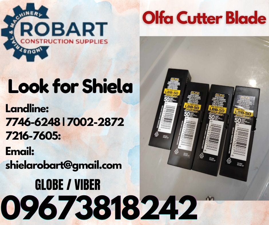 Olfa Cutter Blade (Category: Construction Tools & Equipment) located in Caloocan City. Submitted by shielaroba44709 (Listing ID 1327615472, Image 1). Description: Olfa Cutter Blade LBB-50 𝑹𝑶𝑩𝑨𝑹𝑻 𝑪𝑶𝑵𝑺𝑻𝑹𝑼𝑪𝑻𝑰𝑶𝑵 𝑺𝑼𝑷𝑷𝑳𝑰𝑬𝑺 Office Address: 1405 Yuseco St. Sta Cruz Manila SEND US MESSAGE FOR INQUIRIES ‼️ ‼️ Call: 09673818242 / 09662708845 Vibr - (09673818242) Landline: (𝟩𝟩𝟦𝟨-𝟨𝟤𝟦𝟪) / (𝟩𝟢𝟢𝟤-𝟤𝟪𝟩𝟤) / (𝟩𝟤𝟣𝟨-𝟩𝟨𝟢
