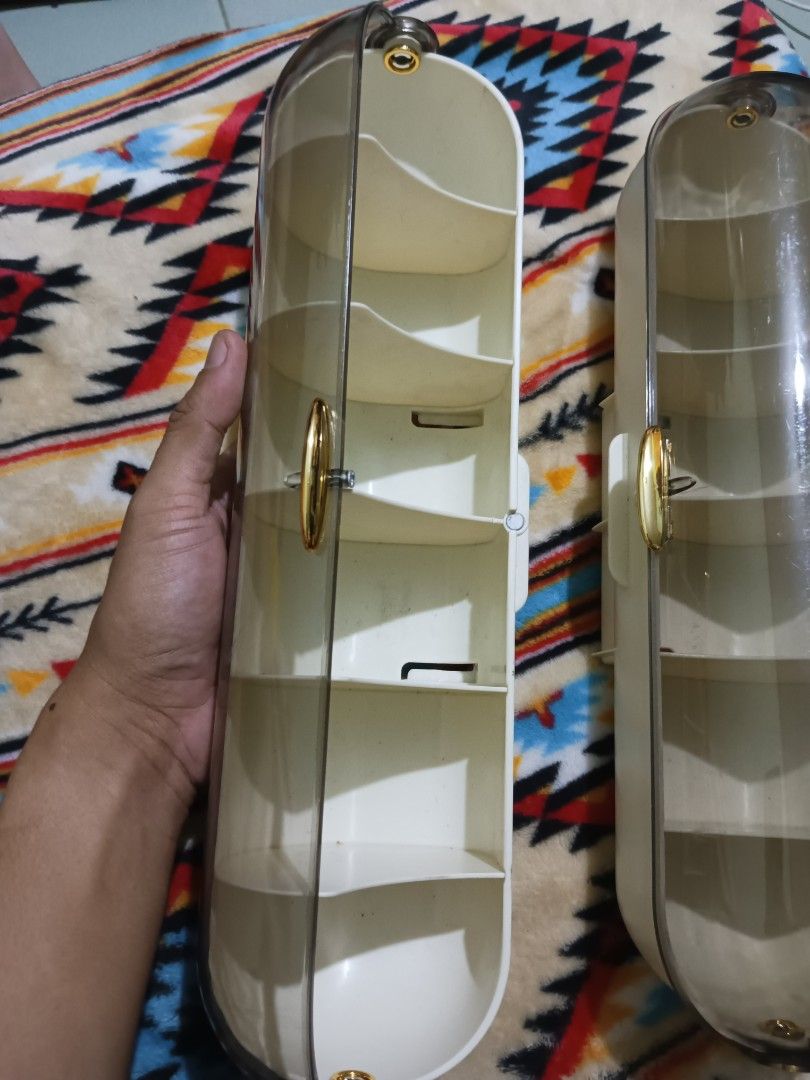 Pair of plastic wall hang organizer container (Category: Storage Boxes & Baskets) located in Quezon City. Submitted by markgolveo (Listing ID 1327688322, Image 3). Description: Pair of plastic wall hang organizer container missing back plates for the wall one piece crack on left side signs of wears.