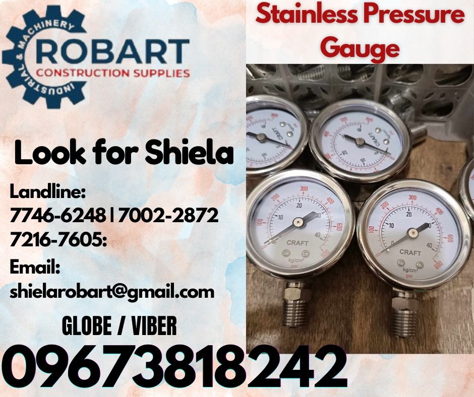 Stainless Pressure Gauge (Category: Construction Tools & Equipment) located in Caloocan City. Submitted by shielaroba44709 (Listing ID 1327639950, Image 1). Description: Stainless Pressure Gauge 2"dial face, 1/4 npt 0-600psi 𝑹𝑶𝑩𝑨𝑹𝑻 𝑪𝑶𝑵𝑺𝑻𝑹𝑼𝑪𝑻𝑰𝑶𝑵 𝑺𝑼𝑷𝑷𝑳𝑰𝑬𝑺 Office Address: 1405 Yuseco St. Sta Cruz Manila SEND US MESSAGE FOR INQUIRIES ‼️ ‼️ Call: 09673818242 / 09662708845 Vibr - (09673818242) Landline: (𝟩𝟩𝟦𝟨-𝟨𝟤𝟦𝟪) / (