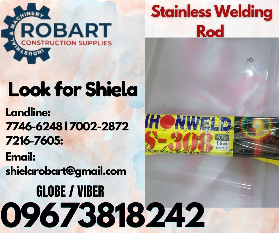 Stainless Welding Rod (Category: Construction Tools & Equipment) located in Caloocan City. Submitted by shielaroba44709 (Listing ID 1327614447, Image 1). Description: Stainless Welding Rod 1.6mm 1 kg 𝑹𝑶𝑩𝑨𝑹𝑻 𝑪𝑶𝑵𝑺𝑻𝑹𝑼𝑪𝑻𝑰𝑶𝑵 𝑺𝑼𝑷𝑷𝑳𝑰𝑬𝑺 Office Address: 1405 Yuseco St. Sta Cruz Manila SEND US MESSAGE FOR INQUIRIES ‼️ ‼️ Call: 09673818242 / 09662708845 Vibr - (09673818242) Landline: (𝟩𝟩𝟦𝟨-𝟨𝟤𝟦𝟪) / (𝟩𝟢𝟢𝟤-𝟤𝟪𝟩𝟤) / (𝟩�