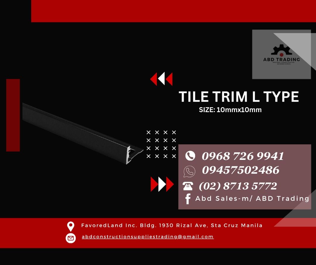 TILE TRIM L TYPE (Category: Construction Tools & Equipment) located in Manila. Submitted by _abdtrading (Listing ID 1327572190, Image 1). Description: Tile Trim L Type Color: Black Size: 10mmx10mm ABD CONSTRUCTION SUPPLIES TRADING Price is subject to change without prior notice DTI Registred & BIR Accredited -🛠️Machinery -🛠️ Tools -🛠️ Electrical -🛠️ Industrial & Construction -🛠️ Fittings -🛠️ Personal Protective Equipment 🛵 Pick up & Delive