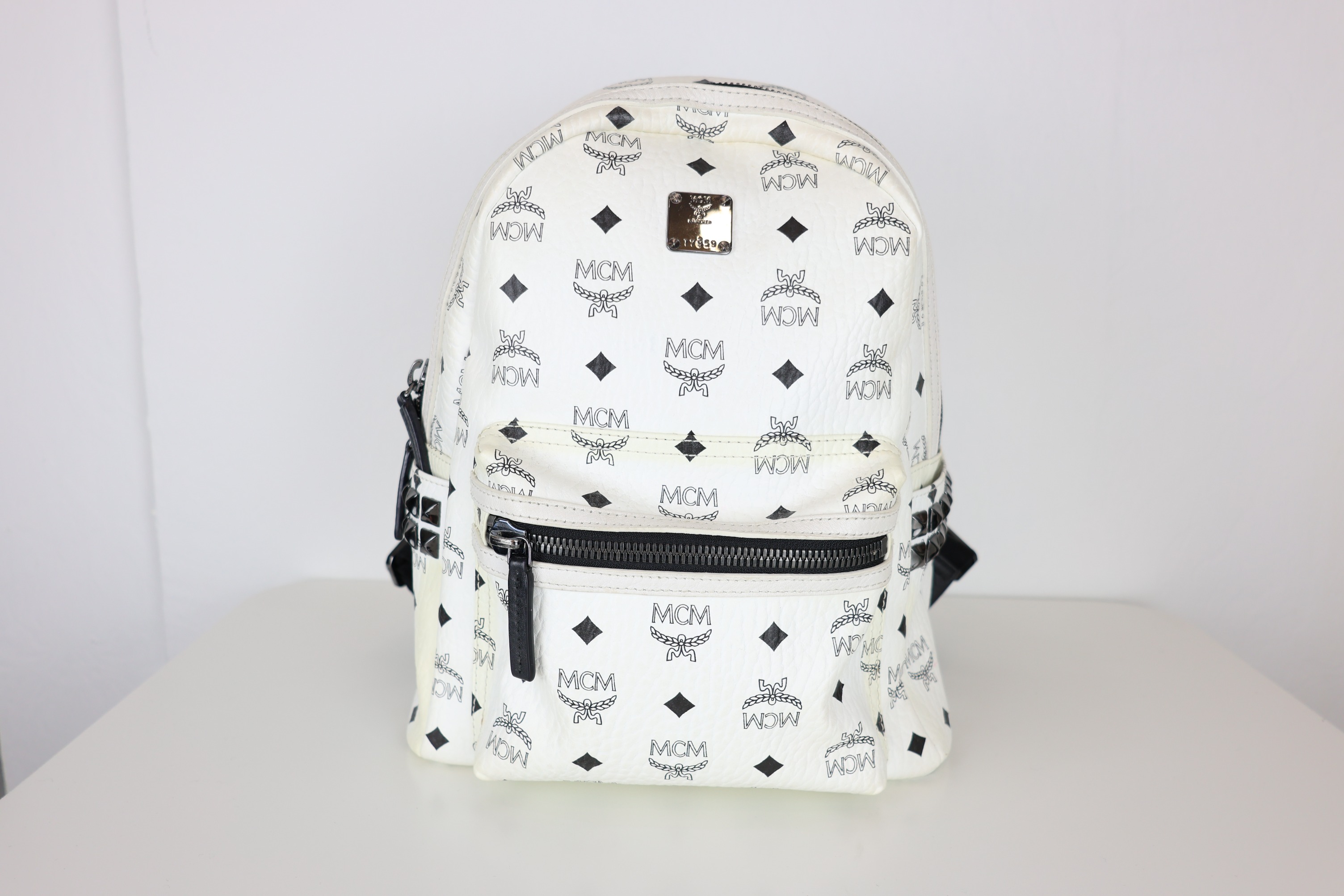 All white mcm backpack clearance