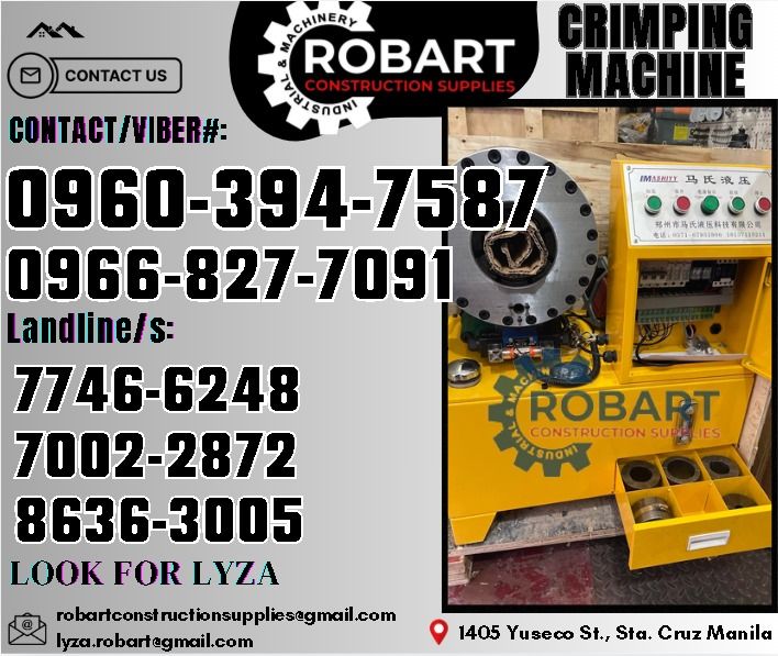 1/4-2" Crimping Machine (Category: Construction Tools & Equipment) located in Manila. Submitted by lyzarobart1999 (Listing ID 1327784735, Image 1). Description: 1/4-2" Crimping Machine 𝑹𝑶𝑩𝑨𝑹𝑻 𝑪𝑶𝑵𝑺𝑻𝑹𝑼𝑪𝑻𝑰𝑶𝑵 𝑺𝑼𝑷𝑷𝑳𝑰𝑬𝑺 𝒪𝒻𝒻𝒾𝒸𝑒 𝒜𝒹𝒹𝓇𝑒𝓈𝓈: 𝟣𝟦𝟢𝟧 𝒴𝓊𝓈𝑒𝒸𝑜 𝒮𝓉. 𝒮𝓉𝒶 𝒞𝓇𝓊𝓏 𝑀𝒶𝓃𝒾𝓁𝒶 ꜱᴇɴᴅ ᴜꜱ ᴍᴇꜱꜱᴀɢᴇ ꜰᴏʀ ɪɴQᴜɪʀɪᴇꜱ ‼️ ‼️ ɢʟᴏʙᴇ: (0966-827-7091) ꜱᴍʀᴛ - (0960-394-7587) ᴠɪʙʀ - (0960-394-7587) ʟᴀɴᴅʟɪɴᴇ: (8636-ʟᴏᴏ