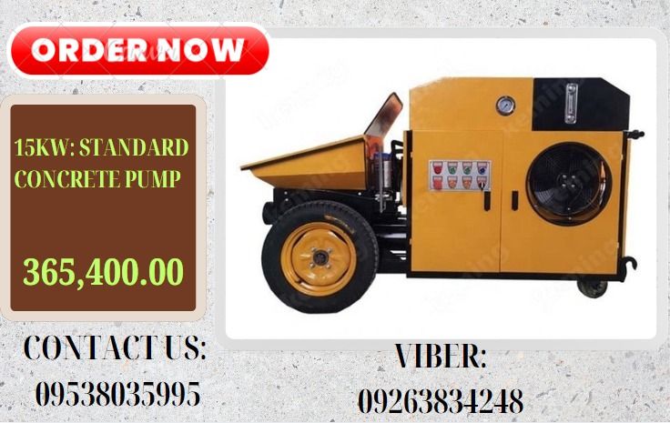 15KW: Standard CONCRETE PUMP (Category: Construction Tools & Equipment) located in Caloocan City. Submitted by 09945233960 (Listing ID 1327750265, Image 1). Description: Pipe Diameter :80 Accessories : 15m Hose Mortar stone Ratio: 1,1,1 Stone : 0.5-1.2 Horizontal Distance : 30M Vertical Height : 15 M Theoretical Conveying Capacity : 5-8m³/h Partical Diameter :0.5—2CM.