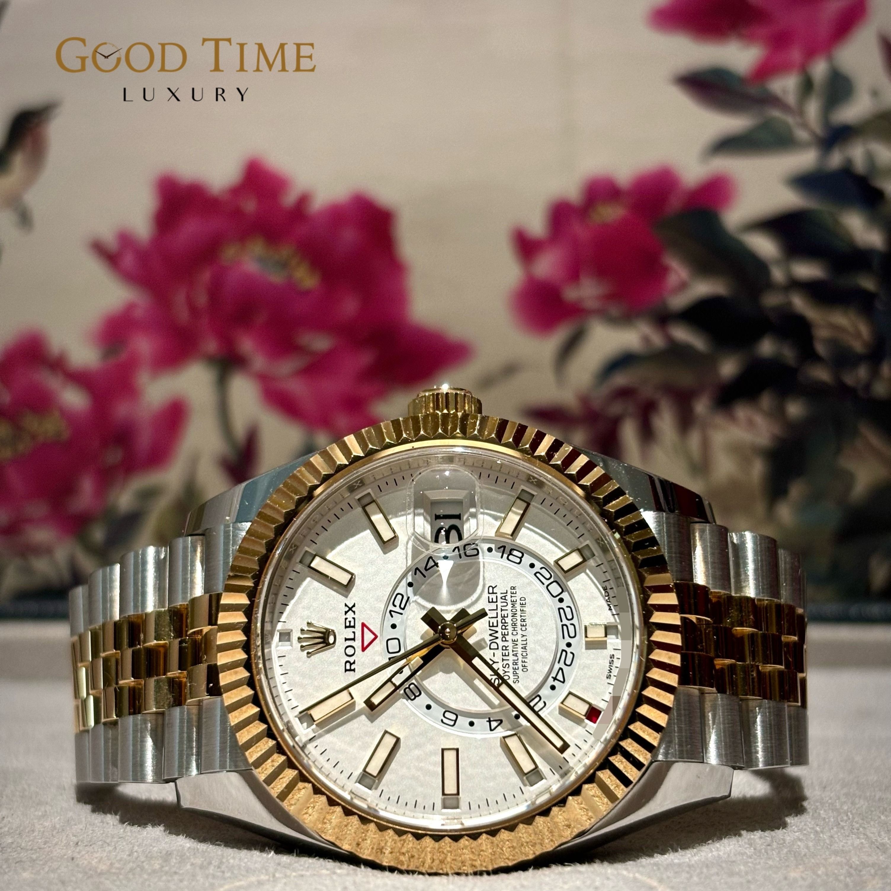 2021 NOV Unpolished Rolex Sky-Dweller 42 326933 Half Gold White Dial Jubilee (Category: Watches) located in Singapore. Submitted by goodtimeluxury (Listing ID 1327811363, Image 1). Description: Brand: Rolex Model: Sky-Dweller 42 326933 Half Gold White Dial Jubilee Year: 2021 NOV Box and Papers: Yes Description: Unpolished Mint Condition, Retails $30400 Payment mode: - Bank Transfer, Paynow, Cash - Additional 2.5% for one time credit card VISA, MA