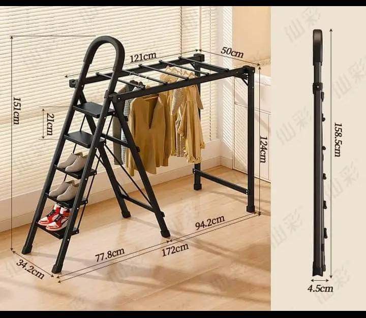 5 layer ladder & hanger rack (Category: Ladders & Steps) located in Manila. Submitted by saguittarian06 (Listing ID 1327782569, Image 3). Description: ₱2,150 5 LAYER LADDER & HANGER RACK SIZE ：151 CM X 172 CM X 50 CM BLACK & WHITE.