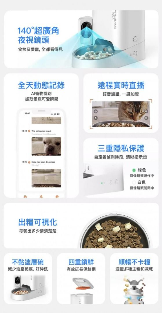 全新行貨 Petkit YumShare Solo with Camera 智能鏡頭餵食器 (實體門市-香港行貨-1年保養) （分類：寵物家品及其他）位於 Hong Kong。 由 onetech 提交（商品編號 1222339917，圖片 2）。簡介： ~~全新行貨正品正貨，原封未打開，香港行貨一年保養，觀塘門市自取／順豐發貨！所有產品不設議價~~ 容量 3公升（101盎司） 份量控制/每餐 10-50克 材料 碗：304不鏽鋼，附不沾塗層, 容器：食品級 ABS 應用程式控制✓ 相機/AI捕捉✓ 語音通話✓ 防堵塞技術✓ 個性化用餐呼叫✓ 應急電源 14 天 多重保鮮系統 三倍 。