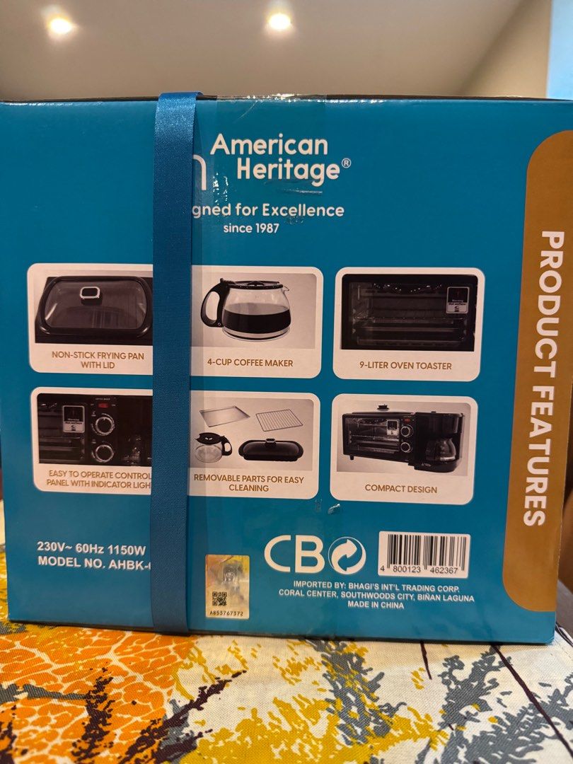 Breakfast Maker 3-in-1 Brand New (Category: Cookers) located in Manila. Submitted by rnc.shop (Listing ID 1327826531, Image 3). Description: American Heritage 3-in-1 Breakfast Maker (АНВК-6236) Brand New - Unopened / never been used, still in box 1. Oven toaster 2. Coffee maker 3. Frying pan Dimension (cm): L 45.2 x W 24.6 x H 21.5 Gross Weight (kg): 4.12 Net Weight (kg): 3.35 Wattage: 1150 watts Voltage: 230 volts 9-Liter oven toaster max temp o