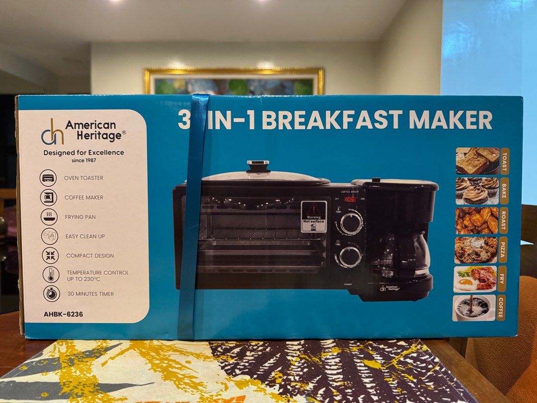 Breakfast Maker 3-in-1 Brand New (Category: Cookers) located in Manila. Submitted by rnc.shop (Listing ID 1327826531, Image 1). Description: American Heritage 3-in-1 Breakfast Maker (АНВК-6236) Brand New - Unopened / never been used, still in box 1. Oven toaster 2. Coffee maker 3. Frying pan Dimension (cm): L 45.2 x W 24.6 x H 21.5 Gross Weight (kg): 4.12 Net Weight (kg): 3.35 Wattage: 1150 watts Voltage: 230 volts 9-Liter oven toaster max temp o