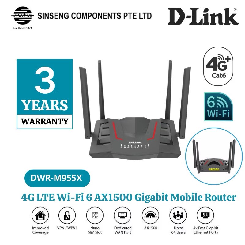 D-Link DWR-M955X 4G LTE WiFi 6 AX1500 Gigabit Mobile Sim Card Router ...