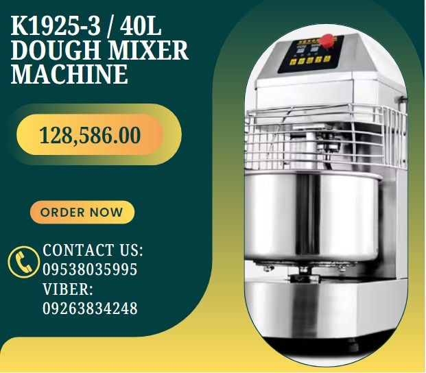 K1925-3 / 40L DOUGH MIXER MACHINE (Category: Bakeware) located in Caloocan City. Submitted by javierchec55656 (Listing ID 1327773541, Image 1). Description: K1925-3 40L Double motor and 2 speed Dough Mixer Dimension:490*860*960mm Packing Size:590*960*1060mm Voltage:220V/50HZ Power:2200/3000W Capacity:40L Hook speed:6*13r/min Barrel speed:100/200r/min Material: Stainless Steel 201 Net Weight:140KG Gross Weight:152KG.