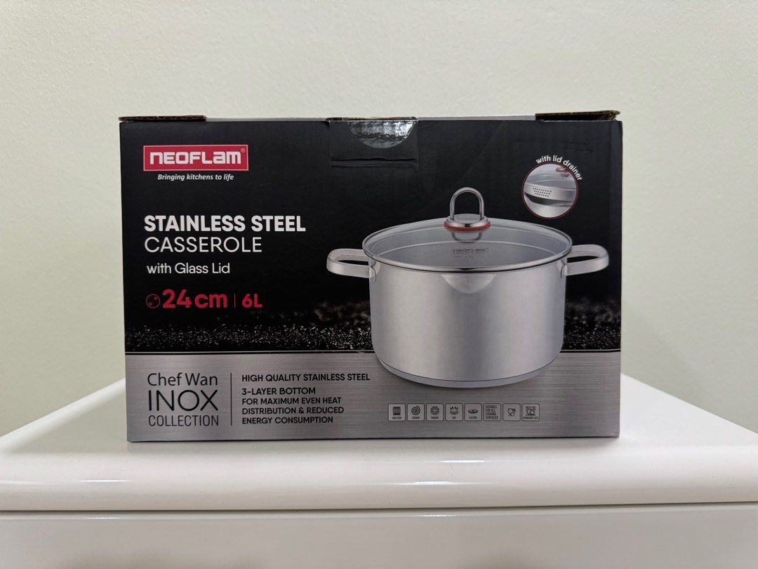 Neoflam Stainless Steel Casserole Pot 24cm 6L, Furniture Home