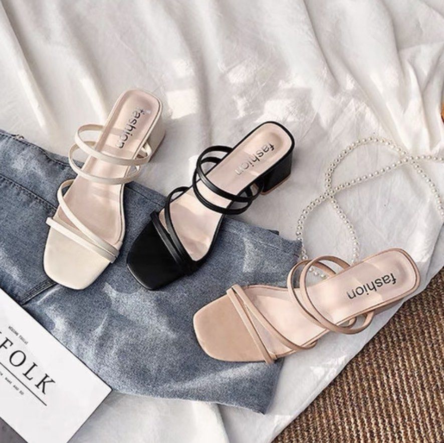 NEW Minimalist Strappy Slip On Low Block Heels Women s Fashion Footwear Heels on Carousell