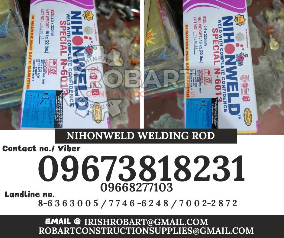 Nihonweld welding rod (Category: Construction Tools & Equipment) located in Manila. Submitted by irishrobart_22 (Listing ID 1327799475, Image 1). Description: Nihonweld welding rod 6013 3.2mm x 10kg SPECIAL SEND US MESSAGE FOR INQUIRIES ‼️‼️ LOOK FOR IRISH ROBART VBR : 0 9 6 7 3 8 1 8 2 3 1/ 0 9 6 7 3 8 1 8 2 3 4 LANDLINE 8-6 3 6 3 0 0 5 / 7 7 4 6 -6 2 4 / 7 0 0 2-2 8 7 2 GMAIL: I R I S H R O B A R T @ G M A I L . C O M Office Address: 1405 Yusec