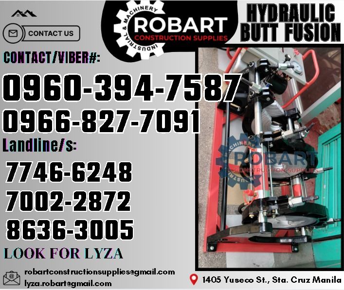Up to 315mm Butt Fusion Machine (Category: Construction Tools & Equipment) located in Manila. Submitted by lyzarobart11 (Listing ID 1327788881, Image 1). Description: HDPE Butt Fusion up to 315mm 𝑹𝑶𝑩𝑨𝑹𝑻 𝑪𝑶𝑵𝑺𝑻𝑹𝑼𝑪𝑻𝑰𝑶𝑵 𝑺𝑼𝑷𝑷𝑳𝑰𝑬𝑺 𝒪𝒻𝒻𝒾𝒸𝑒 𝒜𝒹𝒹𝓇𝑒𝓈𝓈: 𝟣𝟦𝟢𝟧 𝒴𝓊𝓈𝑒𝒸𝑜 𝒮𝓉. 𝒮𝓉𝒶 𝒞𝓇𝓊𝓏 𝑀𝒶𝓃𝒾𝓁𝒶 ꜱᴇɴᴅ ᴜꜱ ᴍᴇꜱꜱᴀɢᴇ ꜰᴏʀ ɪɴQᴜɪʀɪᴇꜱ ‼️ ‼️ ɢʟᴏʙᴇ: (0966-827-7091) ꜱᴍʀᴛ - (0960-394-7587) ᴠɪʙʀ - (0960-394-7587) ʟᴀɴᴅʟɪɴᴇ