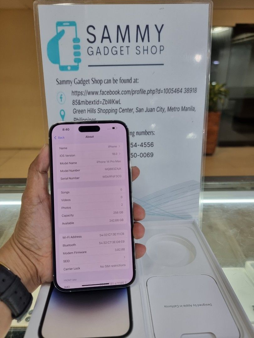 Iphone 14prkmax 256 hk preloved (Category: iPhone 14 Series) located in Quezon City. Submitted by ronalynac40976 (Listing ID 1327926846, Image 2). Description: iphone 14promax 256 hk variant/dual sim 90% batteri health good condition with box, usb, case pick up store in greenhills shopping center we ship Nationwide via lbc we accept creditcard by installment+% we accept swap/trade in we accept ggives & spaylater+% dm or call for fast transaction 