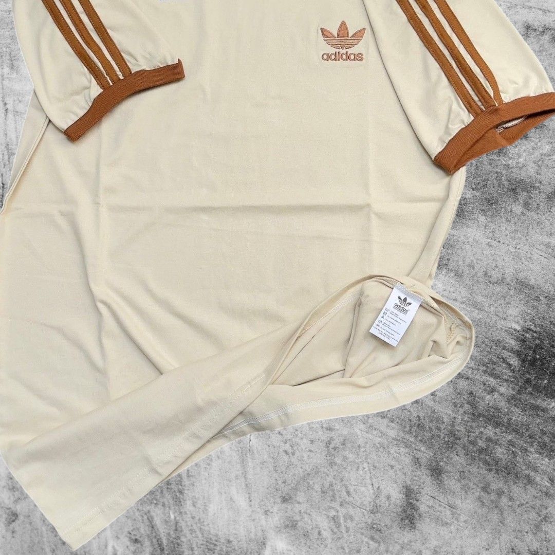 Kaos T-Shirt Adidas Trefoil Stripes Cream Coklat, Fesyen Pria