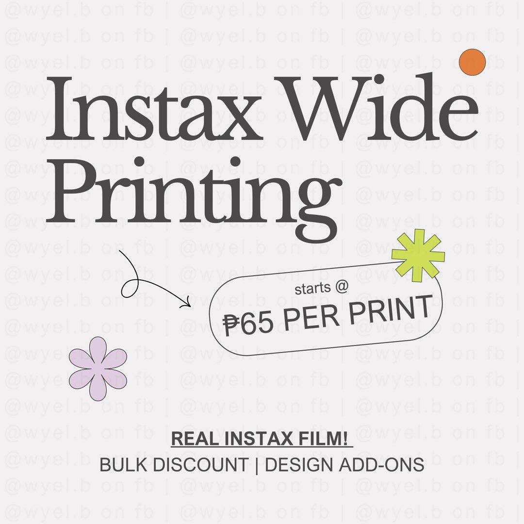 REAL Instax Wide Printing Service (Category: Printers, Scanners & Copiers) located in Quezon City. Submitted by fromdrawersfromclosets (Listing ID 1327952821, Image 1). Description: Pricelist: 1-10 pcs - PHP 65/film 11 PCS & above - PHP 60/film Motex Label Add-on - PHP4/film Free cartridge for every 10 pcs. purchase films are printed on Instax Link Wide Payment Methods - Gcash - Maya - Gotyme Delivery & Pickup Pick-up point for same-day delivery 