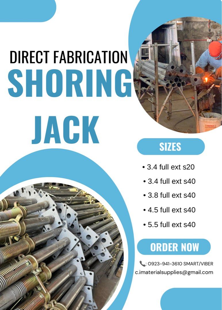 Shoring jack (Category: Construction & Building Materials) located in Valenzuela. Submitted by yuuuridr (Listing ID 1327890637, Image 1). Description: ✨SHORING JACK S20/S40✨ PANTUKOD SIZE START AT 3.4M FULL EXTEND 3.8M FULL EXTEND 4.5M FULL EXTEND 5.5M FULL EXTEND • Available all sizes • We do deliver and you can also pick up🚛 • Mop: Cash on delivery, Gcash, Bank Transfer.