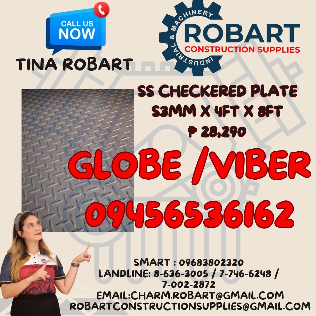 SS Checkered Plate 3mm x 4ft x 8ft (Category: Construction & Building Materials) located in Manila. Submitted by tina.sales (Listing ID 1327913194, Image 1). Description: SS Checkered Plate 3mm x 4ft x 8ft 𝑹𝑶𝑩𝑨𝑹𝑻 𝑪𝑶𝑵𝑺𝑻𝑹𝑼𝑪𝑻𝑰𝑶𝑵 𝑺𝑼𝑷𝑷𝑳𝑰𝑬𝑺 𝑶𝒇𝒇𝒊𝒄𝒆 𝑨𝒅𝒅𝒓𝒆𝒔𝒔: 𝟏𝟒𝟎𝟓 𝒀𝒖𝒔𝒆𝒄𝒐 𝑺𝒕. 𝑺𝒕𝒂 𝑪𝒓𝒖𝒛 𝑴𝒂𝒏𝒊𝒍𝒂 𝑺𝑬𝑵𝑫 𝑼𝑺 𝑴𝑬𝑺𝑺𝑨𝑮𝑬 𝑭𝑶𝑹 𝑰𝑵𝑸𝑼𝑰𝑹𝑰𝑬𝑺 ‼️ ‼️ 𝑮𝒍𝒃𝒆 - (𝟢𝟫𝟒𝟓-𝟔𝟓𝟑-𝟔𝟏𝟔𝟐) 𝑻.�